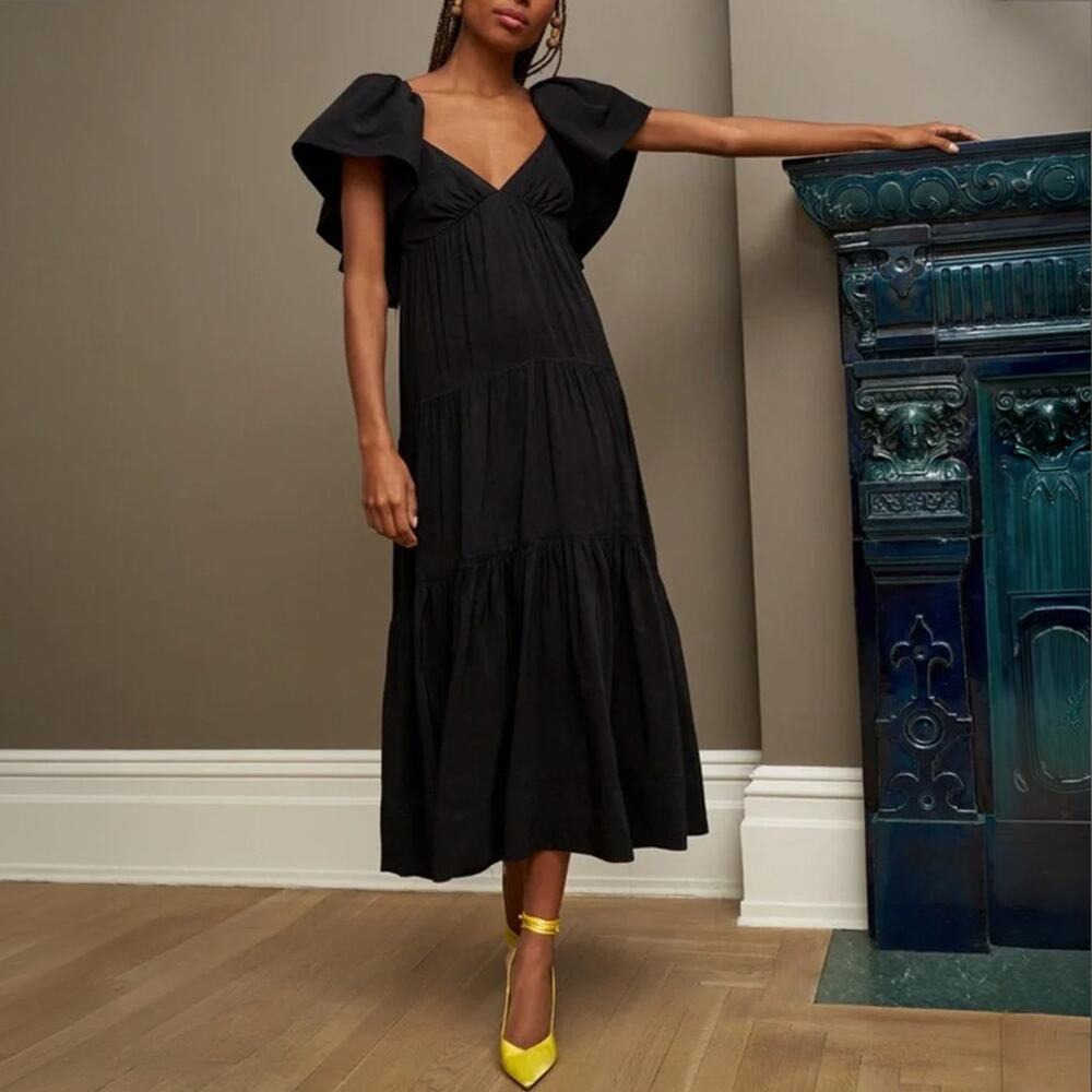 La Ligne Stella Black Tiered Flutter Sleeve Midi Dress Size L